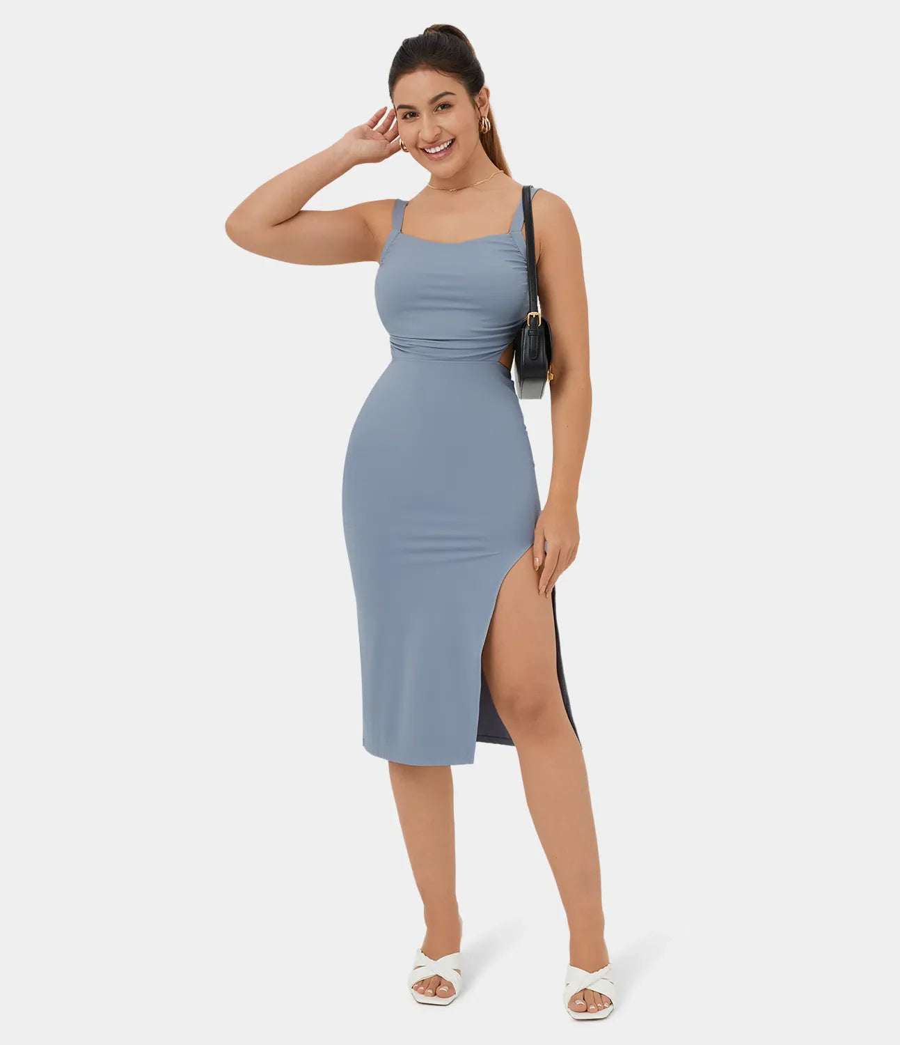 Ruched Backless Crisscross Lace Up Split Bodycon Midi Casual Dress