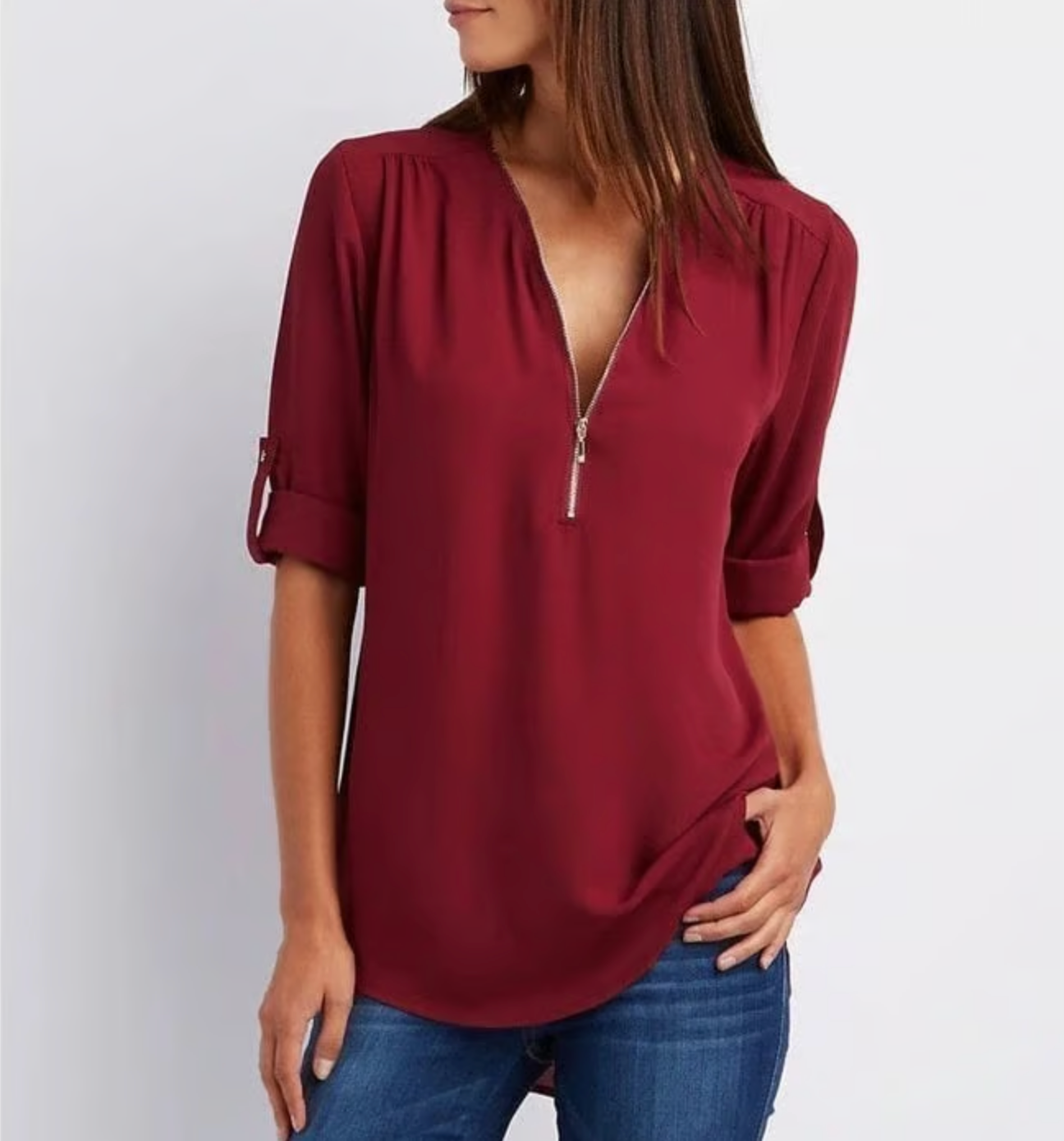 Loose 3/4 Sleeve Zipper Blouse