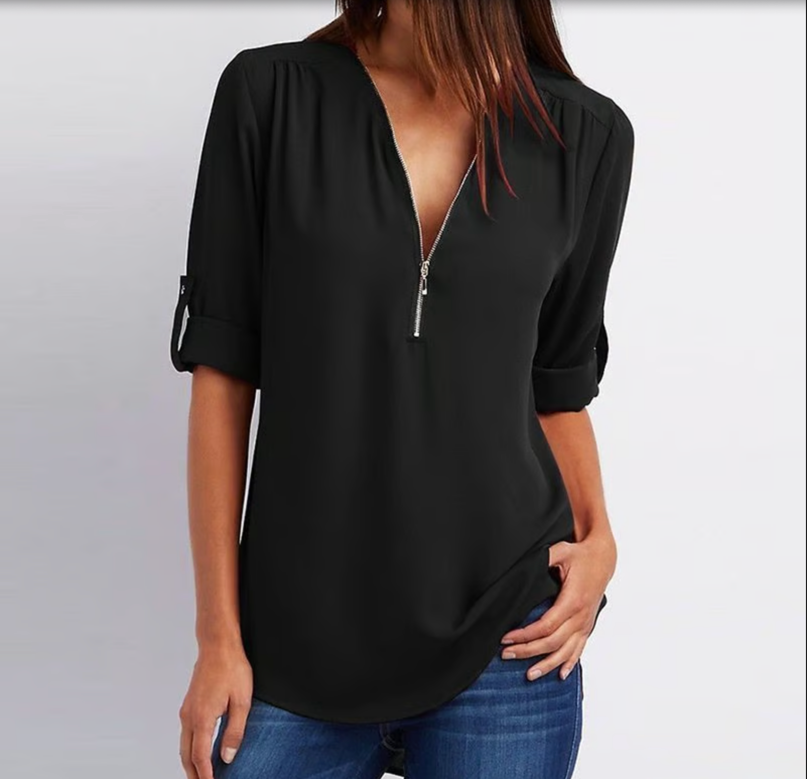 Loose 3/4 Sleeve Zipper Blouse