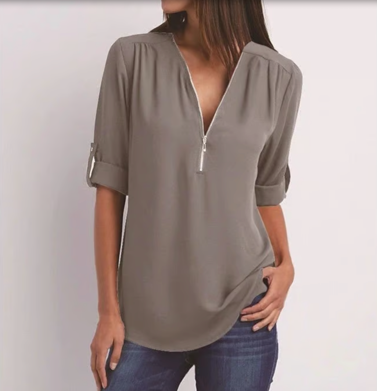 Loose 3/4 Sleeve Zipper Blouse