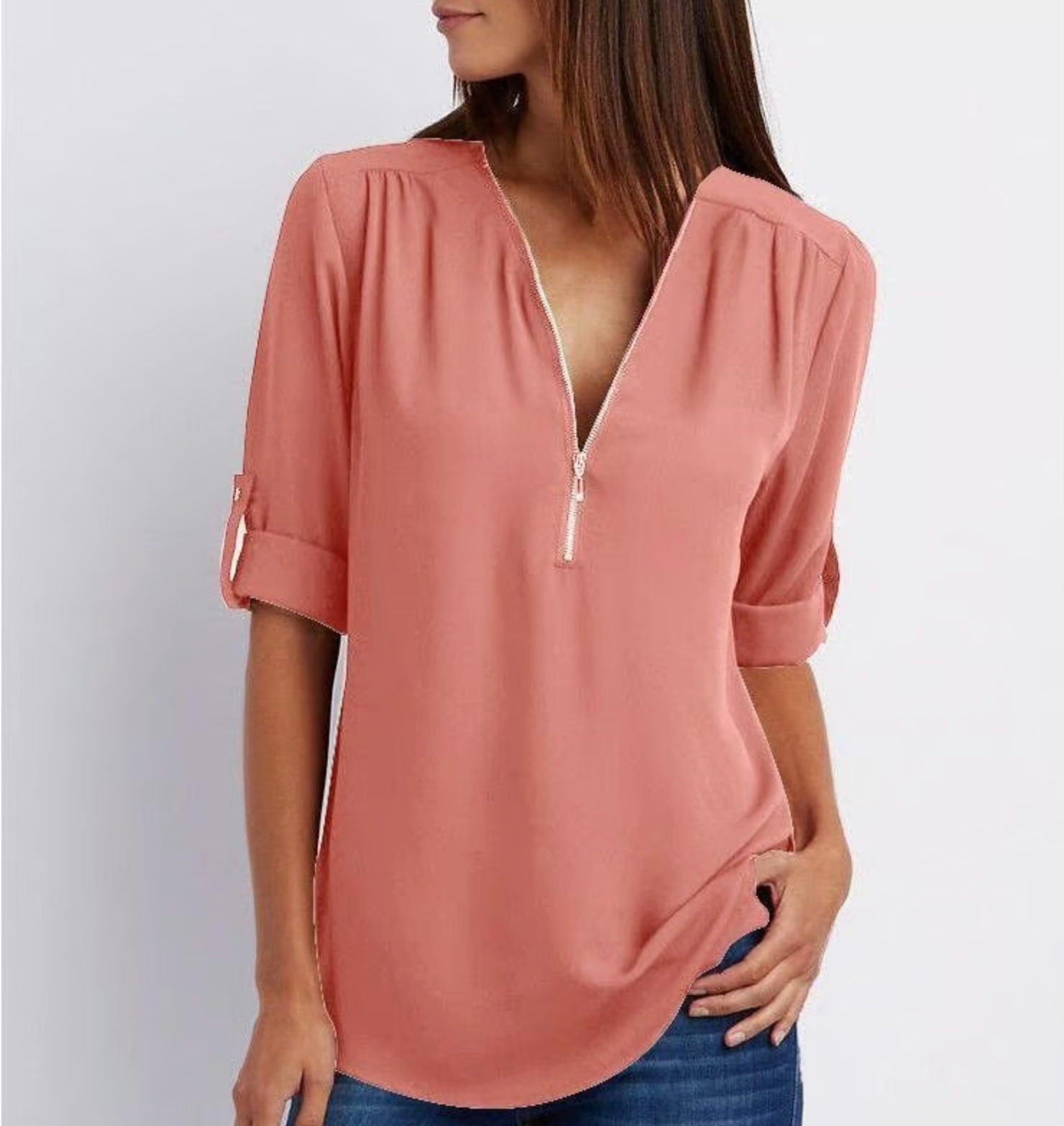 Loose 3/4 Sleeve Zipper Blouse