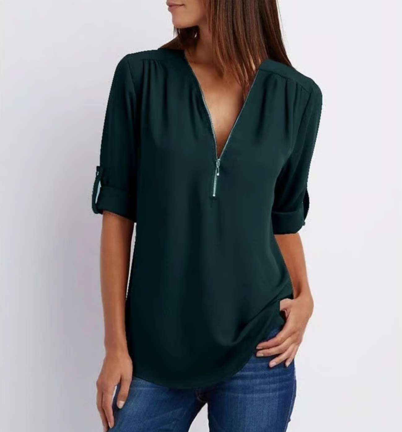 Loose 3/4 Sleeve Zipper Blouse