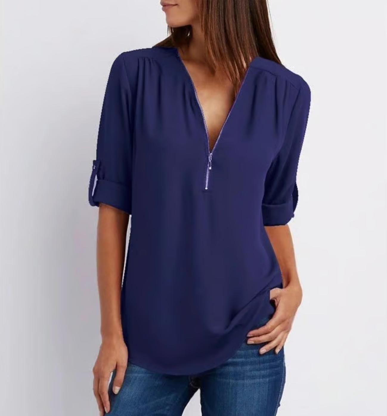 Loose 3/4 Sleeve Zipper Blouse