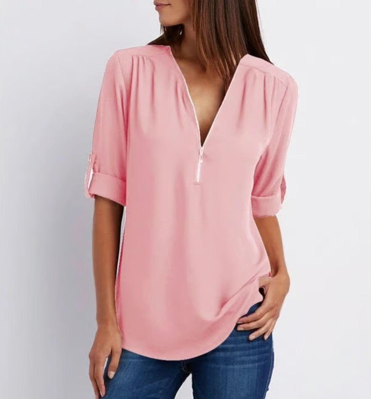 Loose 3/4 Sleeve Zipper Blouse